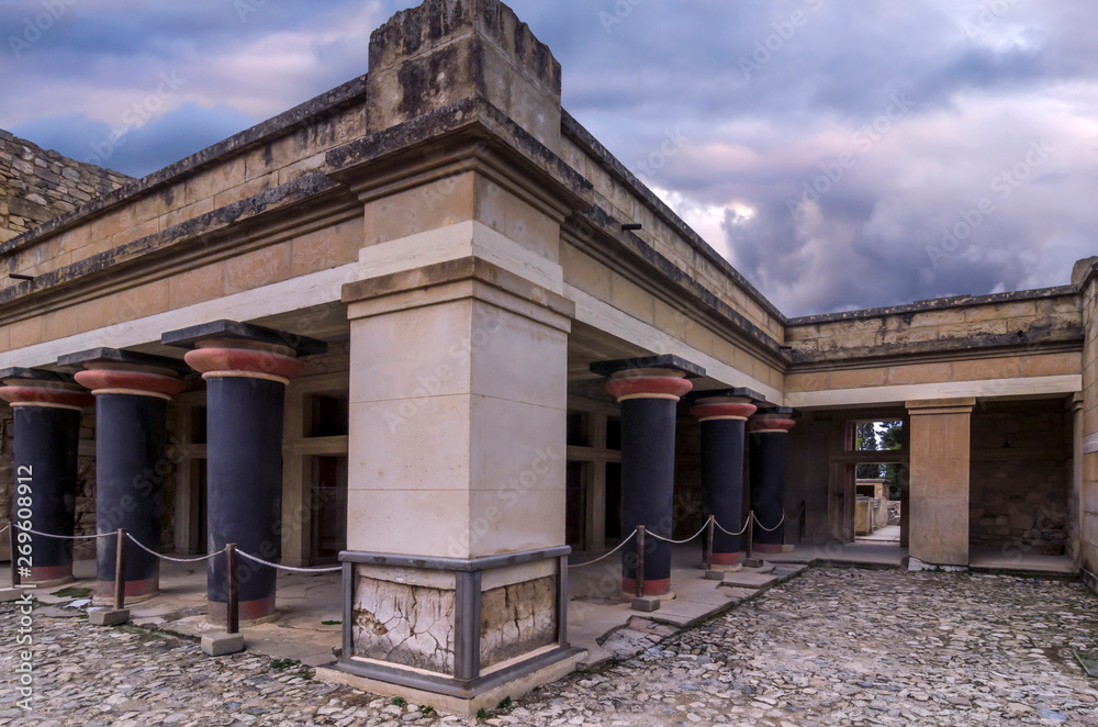 Knossos, Crete - Grecce. The Queen's Megaron at the archaeological site of Knossos lies in the Royal Apartments next to the Hall of the Double Axes. Cloudy sky, sunset