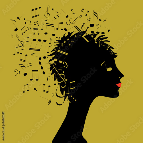 Woman's head silhouette with music notes. Vector illustration of silhouette of black silhouette of woman's head with music notes on yellow background