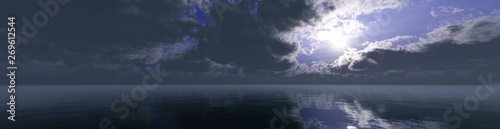 Storm clouds over the sea surface, the sun peeking out from behind the clouds, 3d rendering