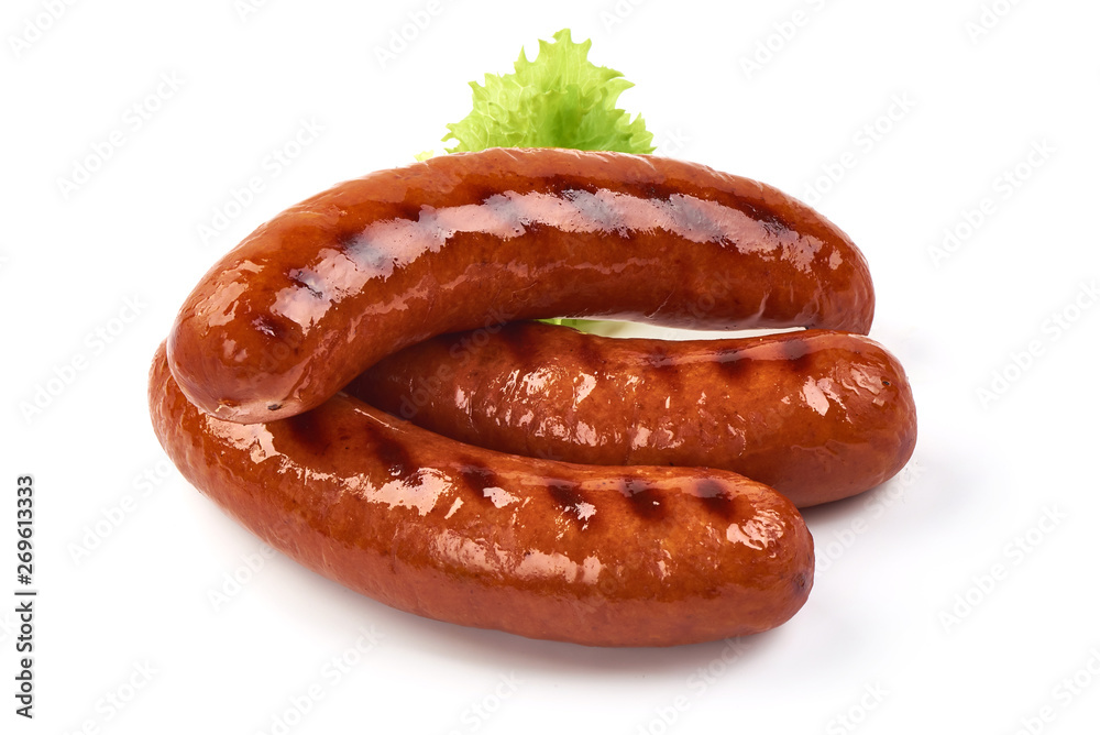 Grilled pork sausages with lettuce, close-up, isolated on white background Grilled pork sausages with lettuce, close-up, isolated on white background