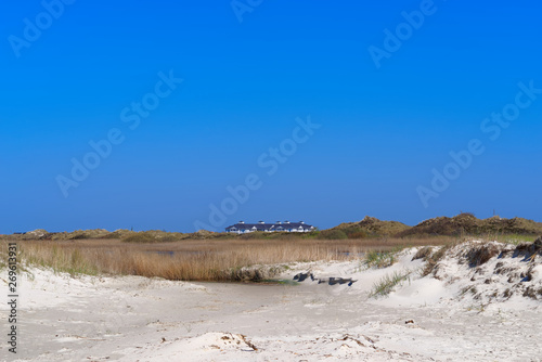 Panoramic view over the grass covered sand at building complex in the distance