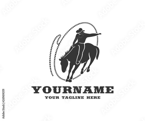 Cowboy on horseback in lasso, western and rodeo, logo design. Wild west, ranch, cattle breeding and animal husbandry, vector design and illustration