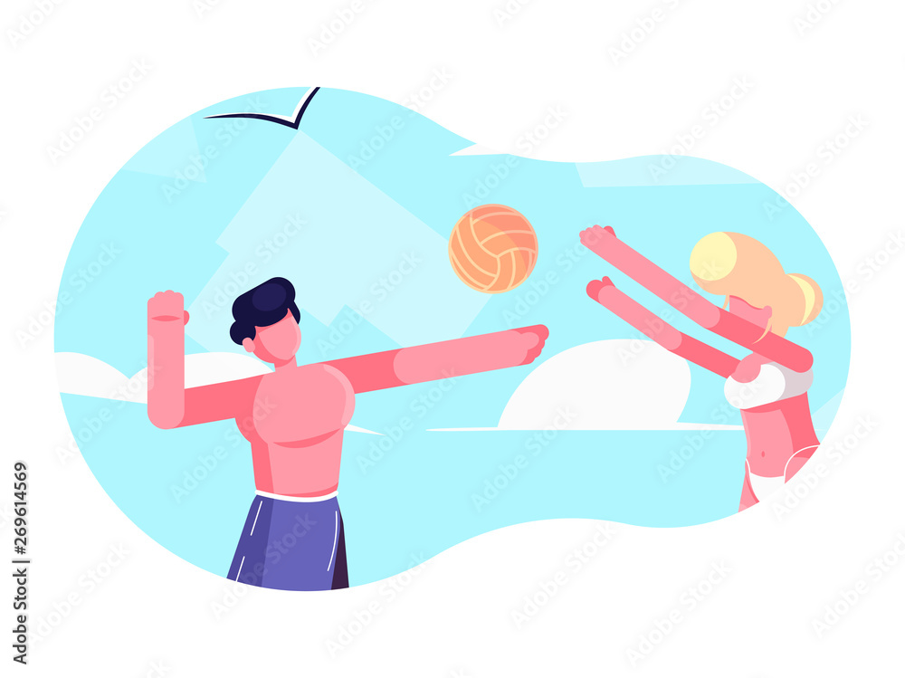 boy and girl play beach volleyball, friends have fun on the beach in summer, outdoor sports, vector illustration with flat characters boy and girl play beach volleyball, friends have fun on the beach in summer, outdoor sports, vector illustration with flat characters