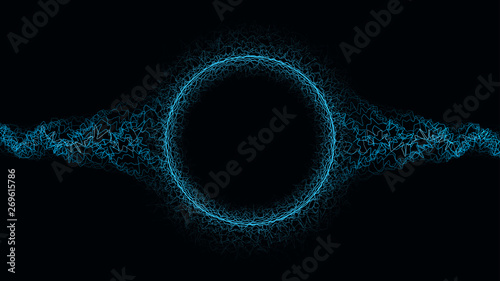 Vector wave dots lines in blue neon colors isolated on black background. Dynamic abstract flow particles.