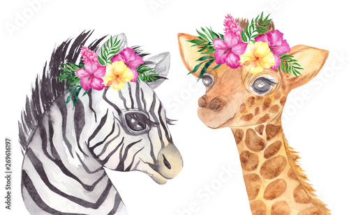Portrait of African animals with tropical flowers