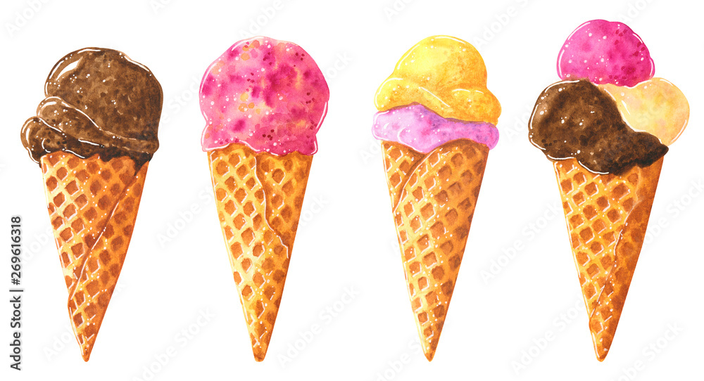 Set of different ice cream balls in waffle cone, clip art with mint, berries and coockies, hand