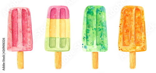 Set of sweet fruit ice pops of different tastes, healthy summer dessert, hand drawn watercolor illustration isolated on white.