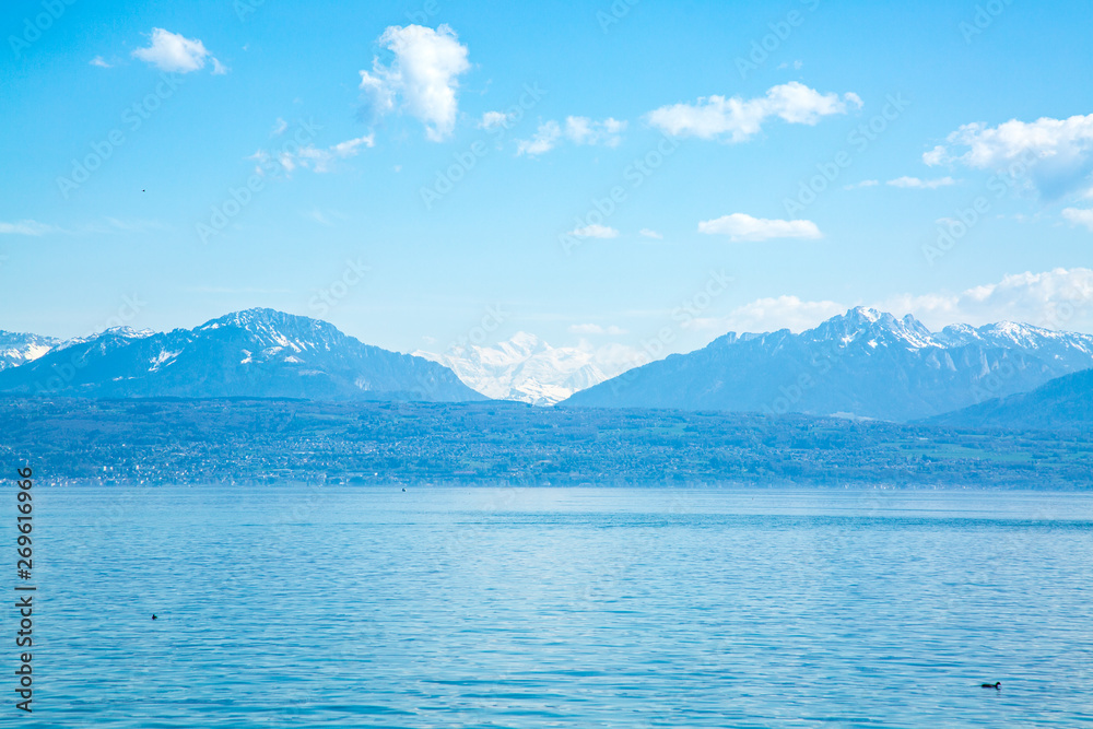 Mont Blanc mountain massive and Alps over Lake Geneva 