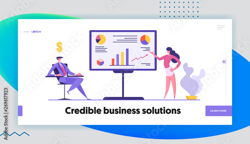 Business People Meeting Landing Page Template. Project Presentation, Data Analysis with Woman Character Pointing on Financial Graph on Board to the Businessman Website Banner. Vector flat illustration