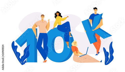 Online Social Media Network Concept with Happy Young People. 10K Followers with Group of Man and Woman Subscribers Giving Likes. Vector flat illustration
