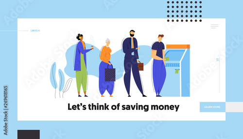 People Standing in Queue near ATM Cash Machine Web Banner Template. Financial Transaction Concept. Cashpoint Bankomat with Characters Waiting for Salary Landing Page. Vector flat illustration