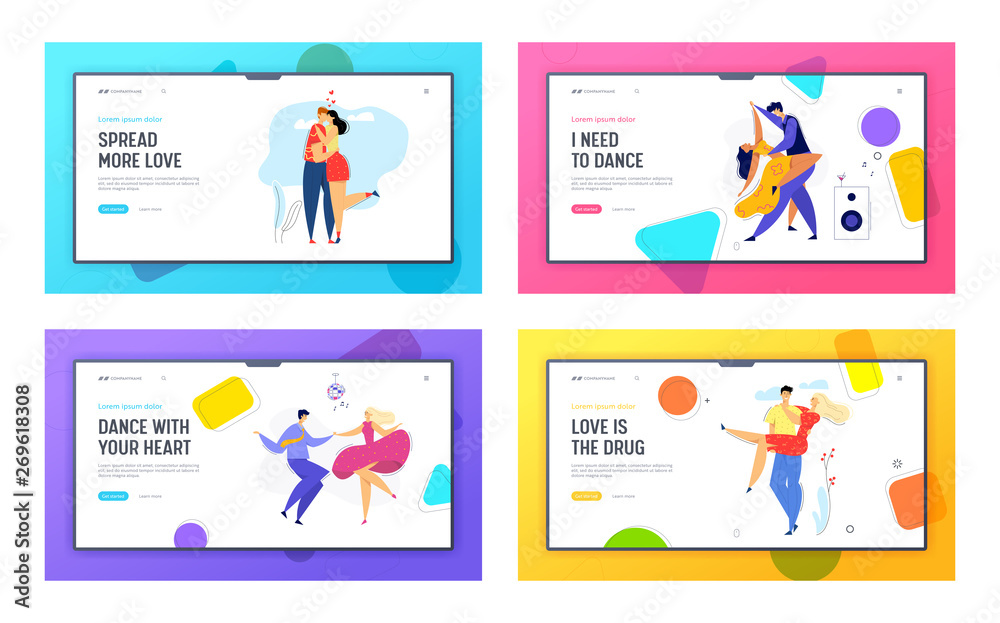 Happy Couple in Love Landing Page. Man Kissing his Girlfriend. Woman Hugs Boyfriend. Romantic Dating Concept with Lovers Characters Dancing Disco Web Banner. Vector flat illustration