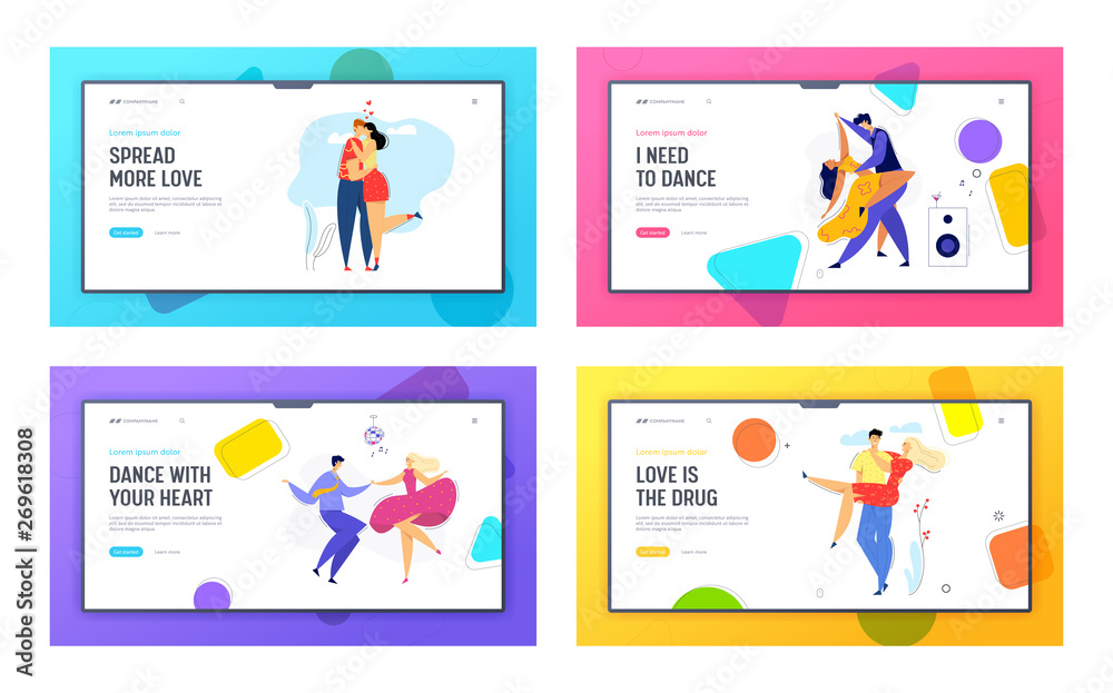 Happy Couple in Love Landing Page. Man Kissing his Girlfriend. Woman Hugs Boyfriend. Romantic Dating Concept with Lovers Characters Dancing Disco Web Banner. Vector flat illustration Happy Couple in Love Landing Page. Man Kissing his Girlfriend. Woman Hugs Boyfriend. Romantic Dating Concept with Lovers Characters Dancing Disco Web Banner. Vector flat illustration