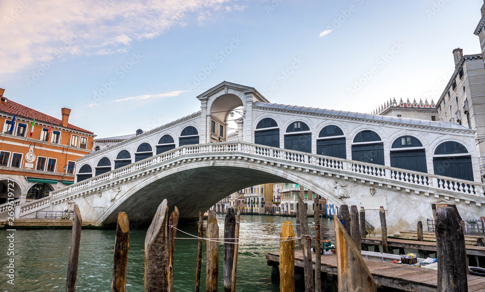 Panorama of Grand Canal and Rialto Bridge in the Morning, Venice, Italy