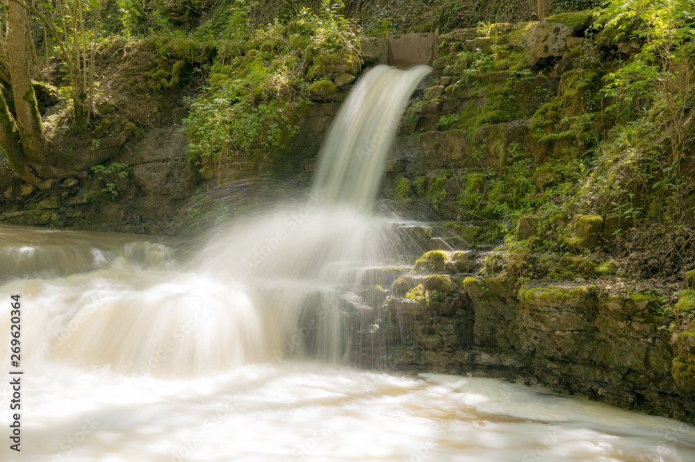 Obraz premium Eine Wasserfall Landschaft im Wald mit Bäumen am Fluss im Frühling