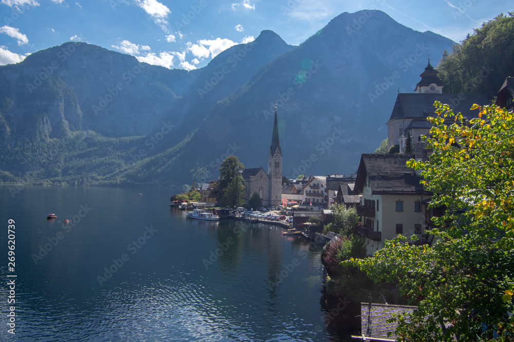 Picturesque small town Hallstadt is Austrian state of Upper Austria, beautiful place surrounded by mountains and lake Dachstein