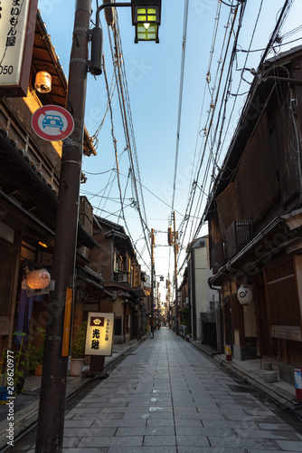 Street view of traditional architecture with blue sky in Kyoto, Japan