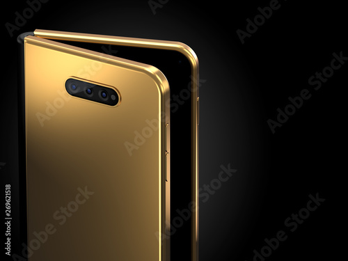 Close-up shot on concept of foldable smartphone folding on the longer side. Flexible smartphone isolated on black background. 3D rendering