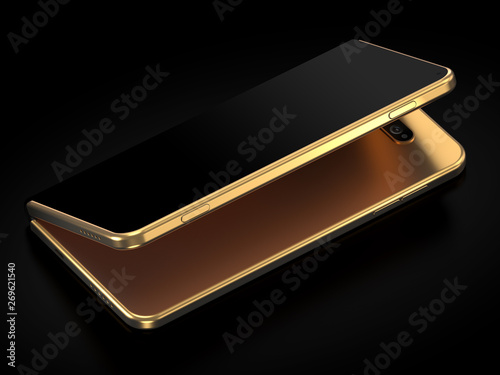 Concept of foldable smartphone folding on the longer side. Flexible smartphone isolated on black background with empty place on the screen. 3D rendering