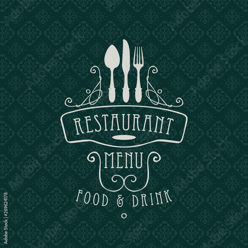 Template vector menu for restaurant with flatware and curlicues in baroque style with dark seamless background pattern