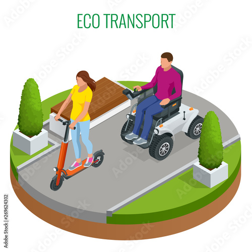 Isometric woman on an electric scooter and man on an electric wheelchair. New large motorized electric wheelchair. Urban transportation. Modern technologies.