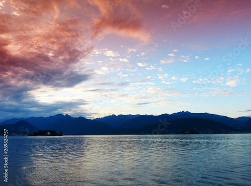 Landscape of Maggiore Lake at sunset, Stresa, Italy