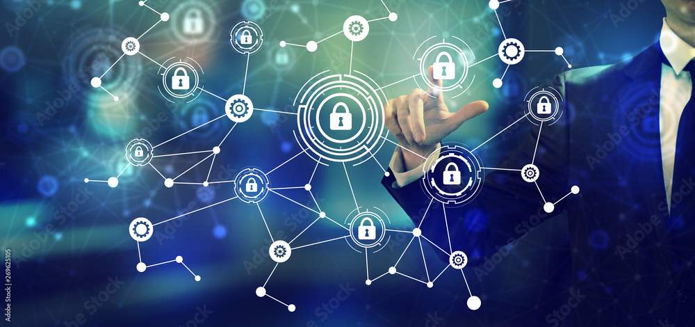 Fototapeta premium Cyber security theme with a businessman in an office