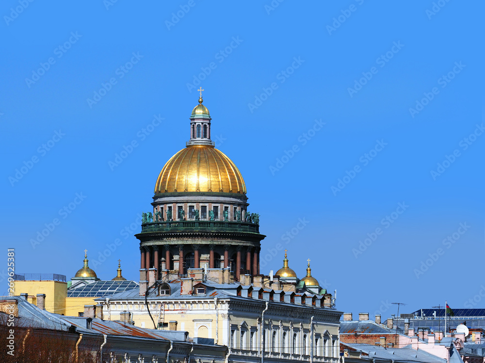 Historic downtown of Saint Petersburg, Russia. Saint Isaac's Cathedral, skyline, blue sky