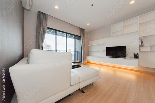 Large modern luxury condo living room interior. 