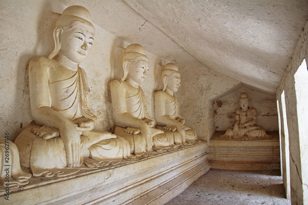 Old Buddha statues at Pho Win Taung Caves, Monywa city, Sagaing State, Myanmar, Asia.