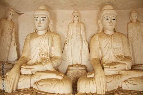 Old Buddha statues at Pho Win Taung Caves, Monywa city, Sagaing State, Myanmar, Asia.