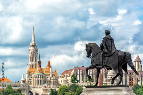 Equestrian Statue and Matthias Church in Budapest