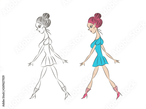 Stylish beautiful girl in blue dress. Fashion woman. Sketch. Vector illustration. Women walking. hand drawn youn girl, cartoon, drawing cute person