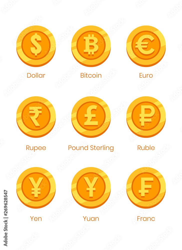 World currency symbols. Gold coins with signs: dollar, bitcoin, euro, rupee, pound sterling, ruble, yen, yuan, franc. 