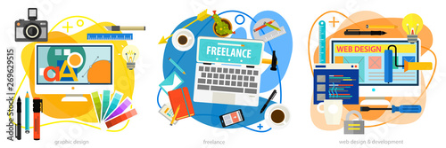 Graphic design, copywriting, creativity trendy amoeba style concepts. Horizontal banners