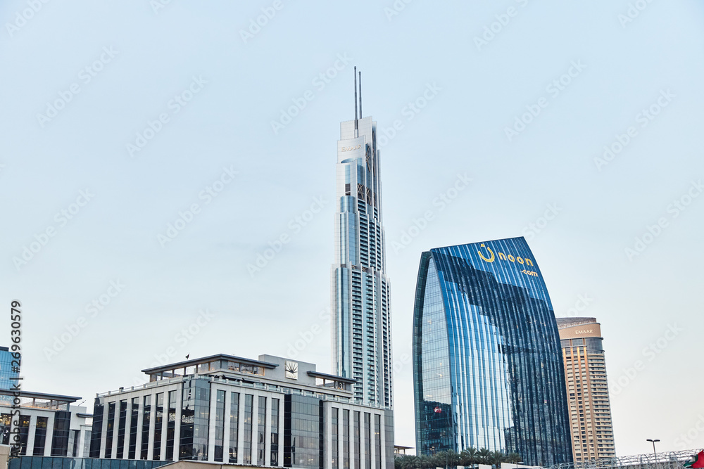 20 March, 2019 -  UAE, Dubai: Skyscrapers in downtown of Dubai. Center of city with skyscrapers