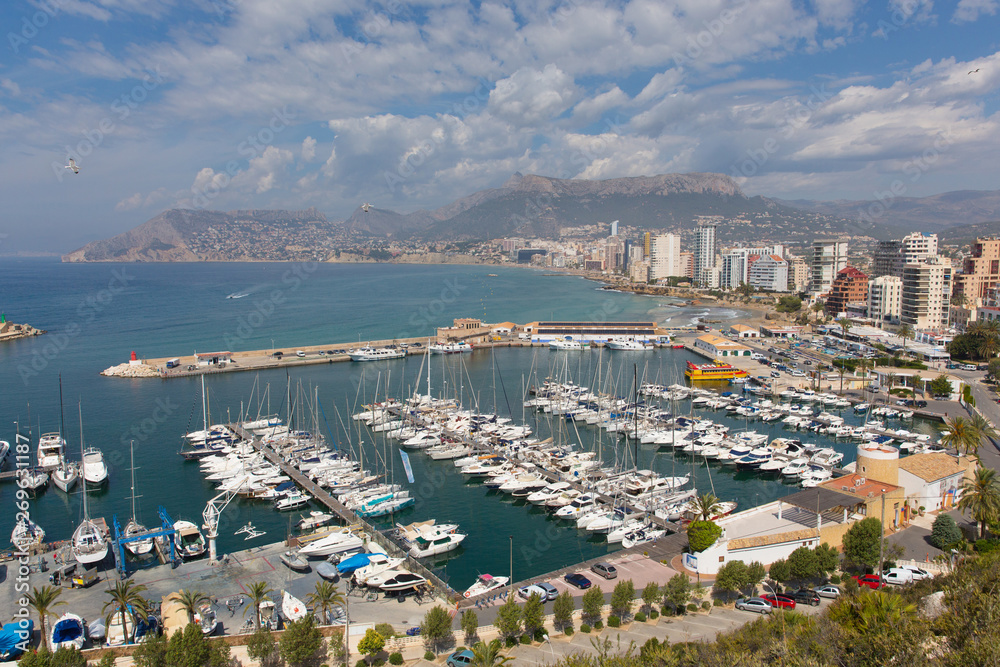 Calp marina and town Spain Alicante Valencian Community coast known for the famous rock landmark Penon de Ilfach