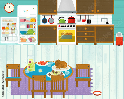 cartoon scene with colorful family kitchen - illustration for children