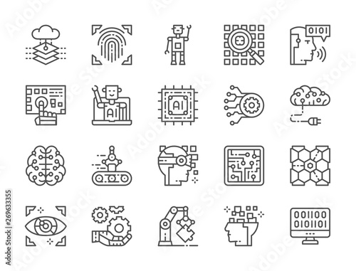 Set of Artificial Intelligence Line Icons. Chatbot, Big Data, Database and more.