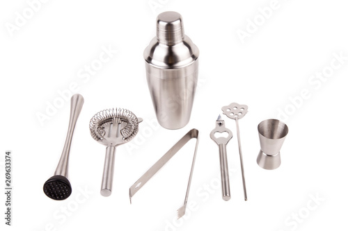 Cocktail shakers, strainer and jigger - Stock Image