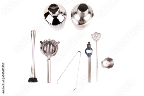 Cocktail shakers, strainer and jigger - Stock Image