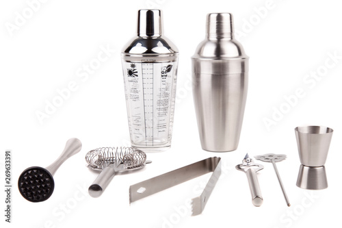 Cocktail shakers, strainer and jigger - Stock Image