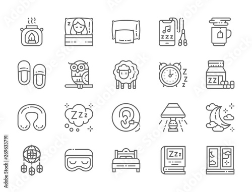 Set of Sleep Line Icons. Aroma Lamp, Bed, Pillow, Headphone, Hot Tea and more.