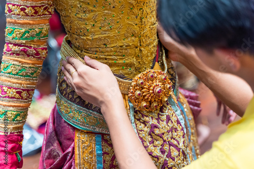 Beautiful ancient dress in the show Khon performing Thai classical dance