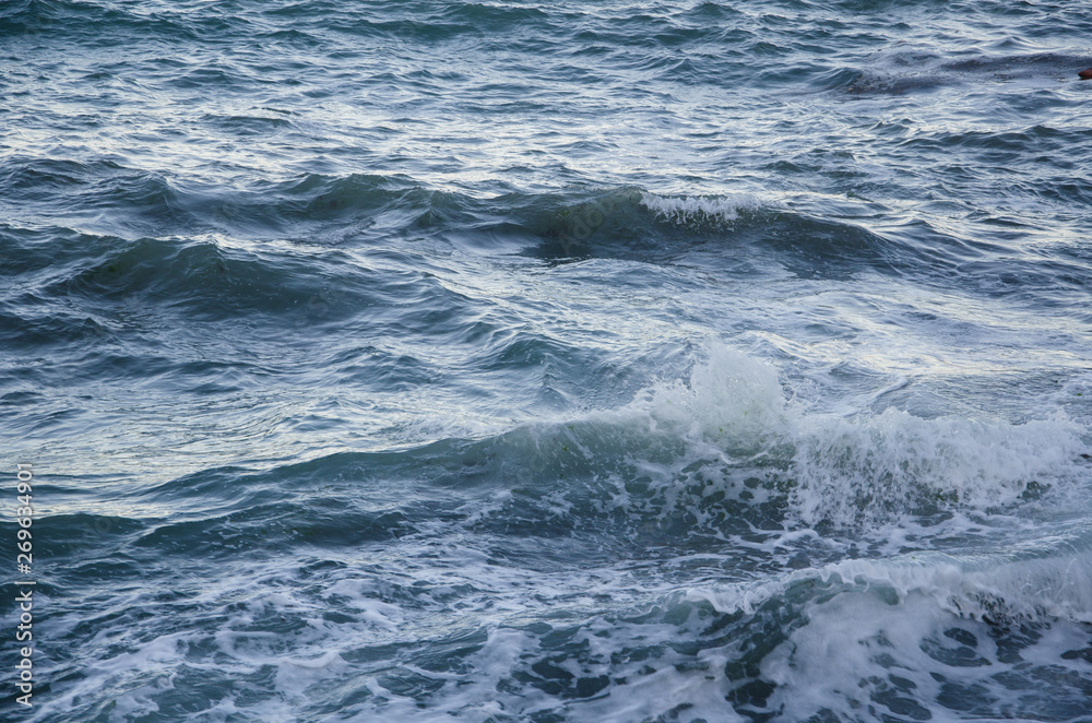 Seascape background of storm, white marine foam