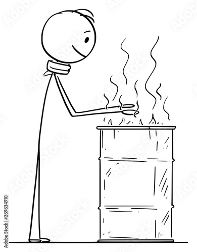 Vector cartoon stick figure drawing conceptual illustration of homeless man warming up at barrel with burning fire.