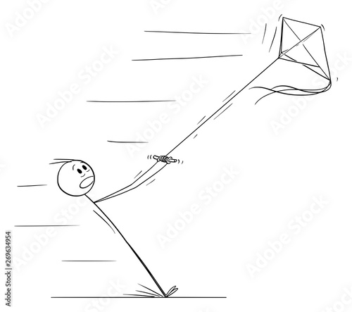 Vector cartoon stick figure drawing conceptual illustration of man flying kite and pulled away in strong wind.