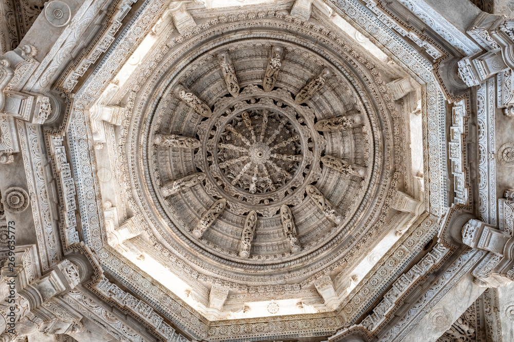 Interior marble carved details at the Ranakpur Jain Temple at Desuri Tehsil, Rajasthan