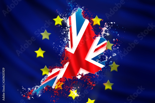 British flag sinking on European flag representing the Brexit of United Kingdom with Europe. Political and business concept photo