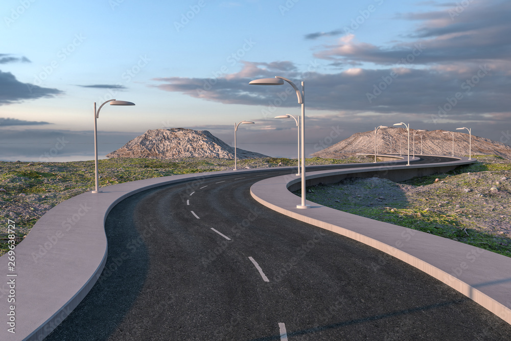 The waving road in the deserted suburbs, 3d rendering